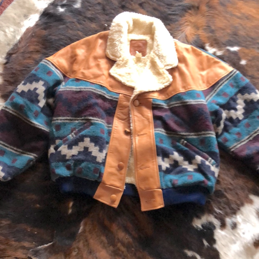 Vintage Mid-West Midwest Garment Aztec XL wool leather trim bomber jacket coat